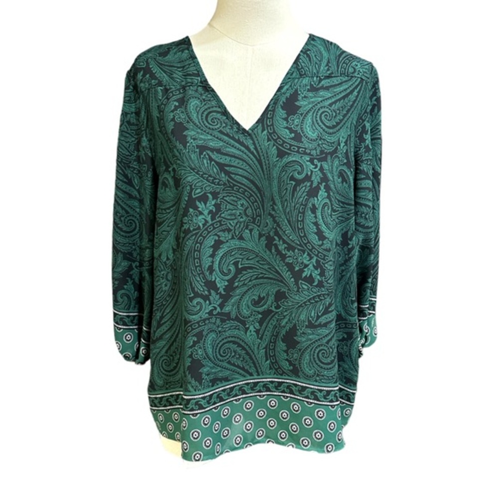 C EST 1946 green & black blouse women’s size medium  three quarter sleeve (1880)